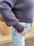 Women's Navy Cropped Ribbed Knit Sweater
