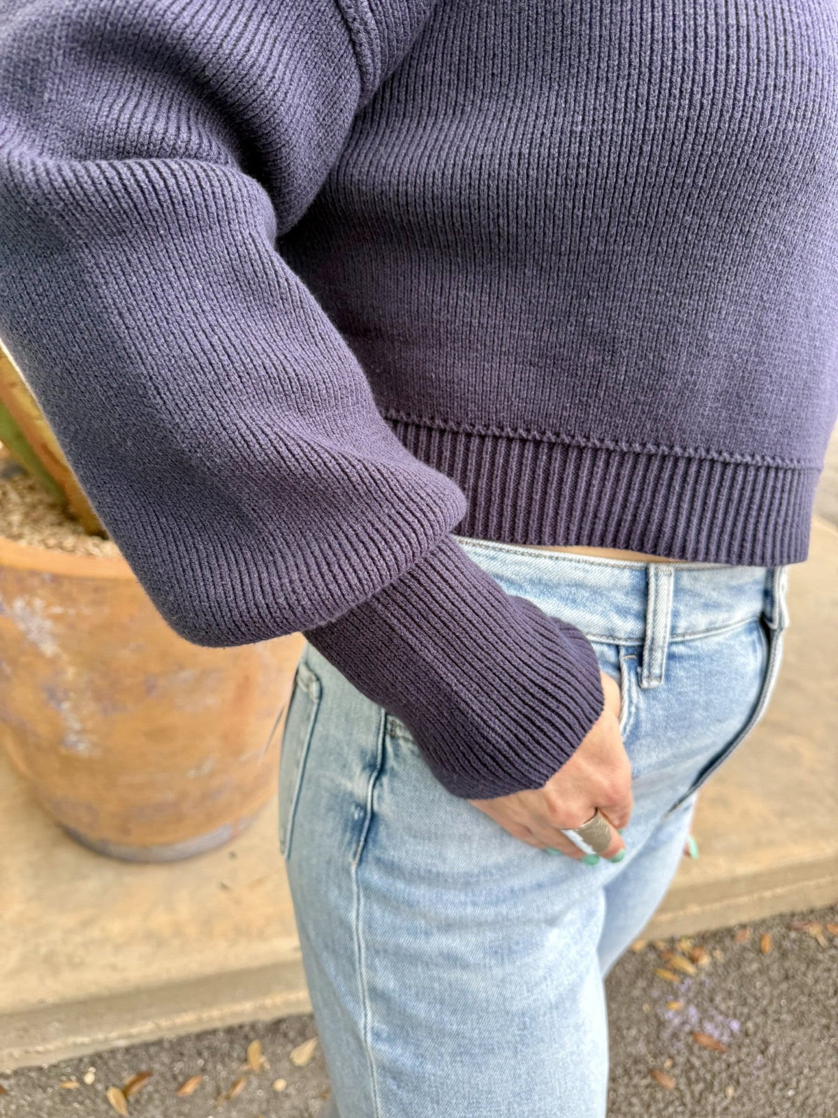 Women's Navy Cropped Ribbed Knit Sweater