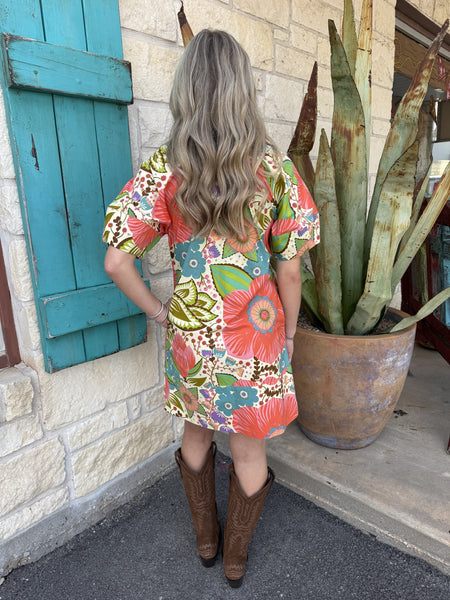 Retro Floral V-Neck Short Sleeve Mini Dress