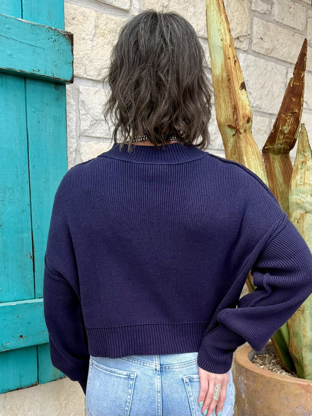 Women's Navy Cropped Ribbed Knit Sweater
