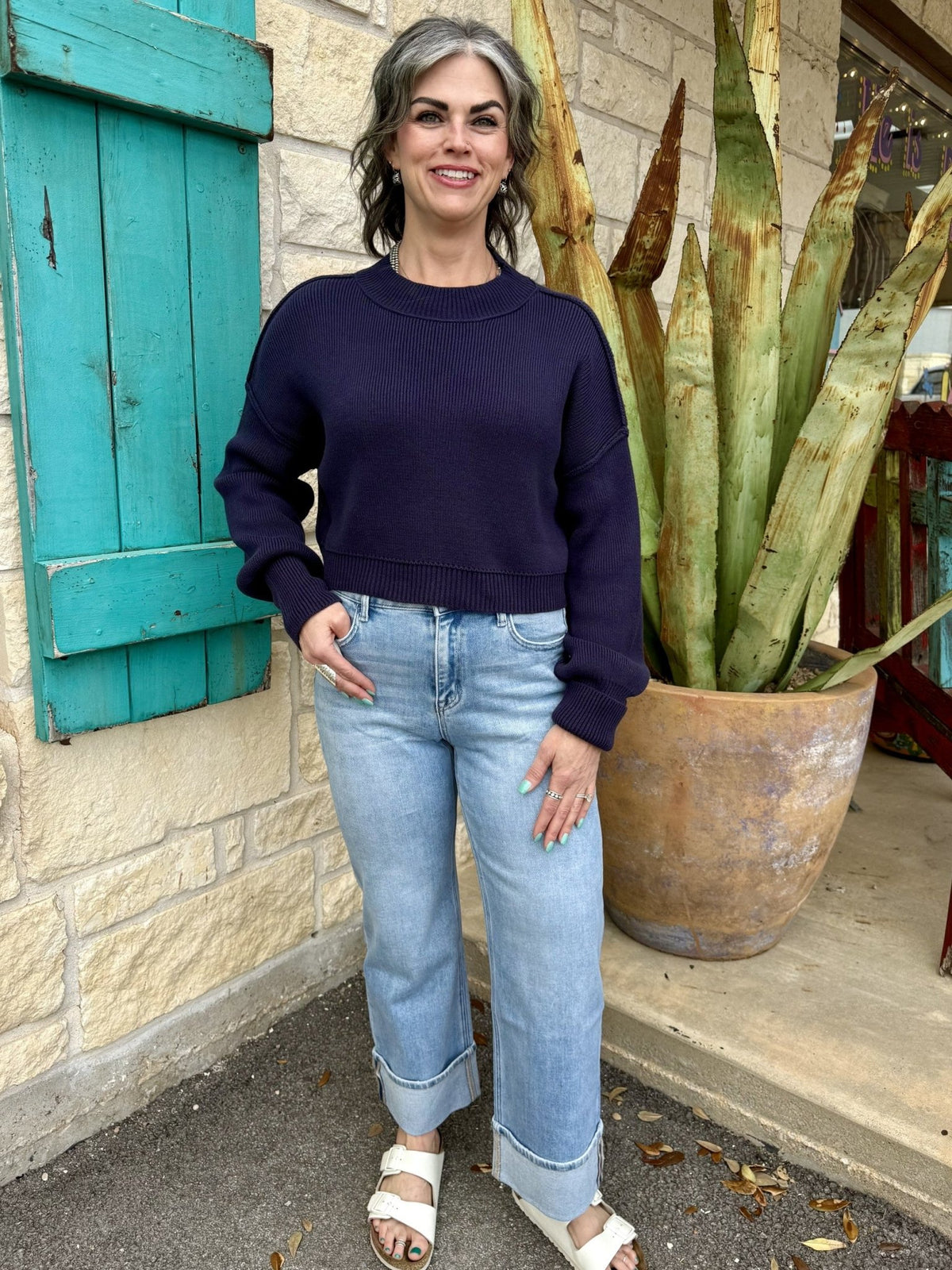 Women's Navy Cropped Ribbed Knit Sweater