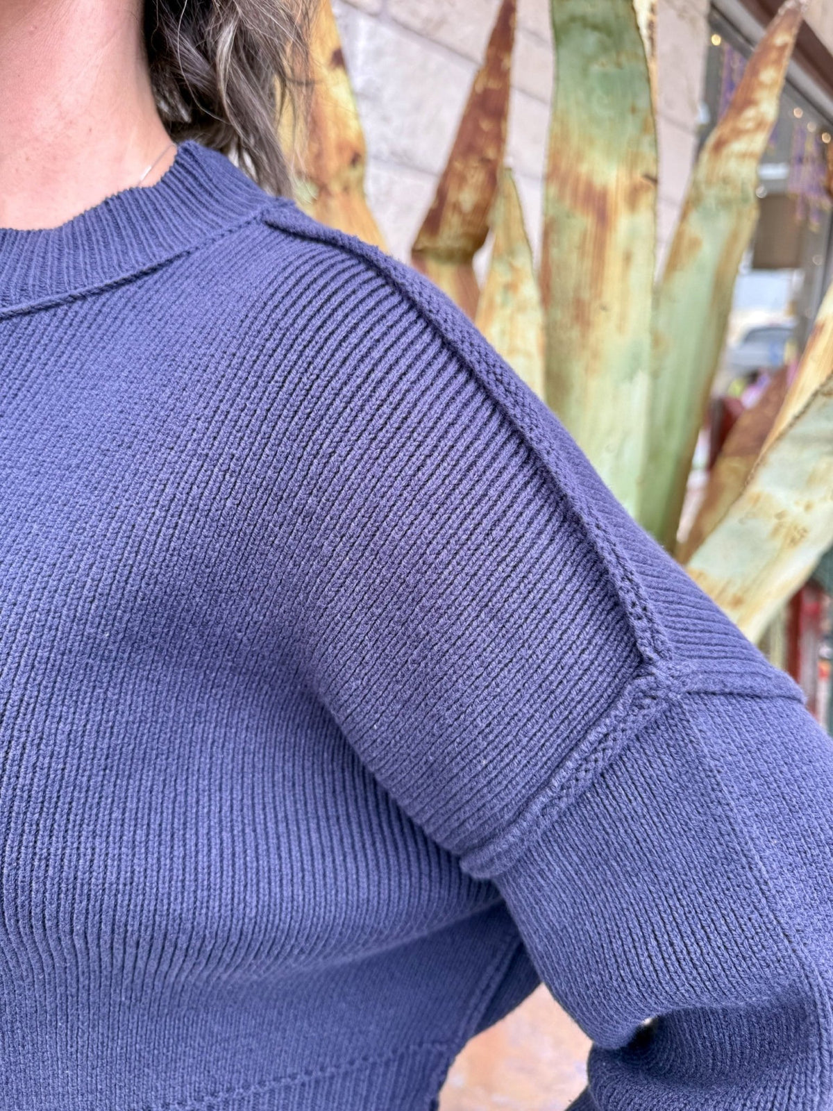 Women's Navy Cropped Ribbed Knit Sweater