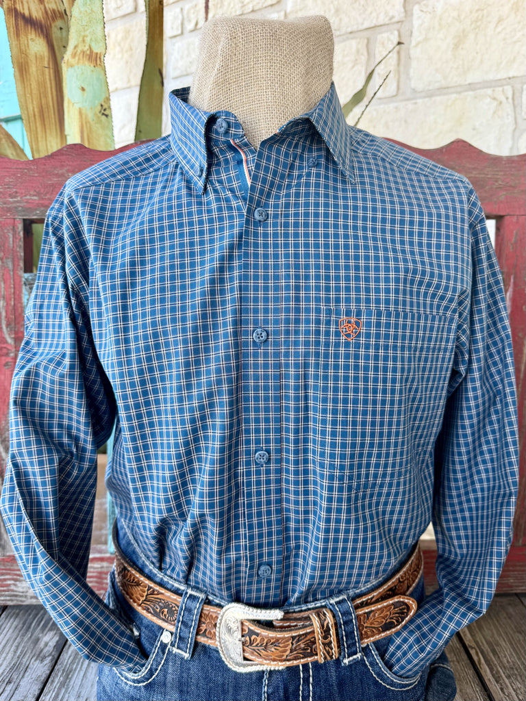 blue check woven fabric, long sleeve, button-on placket, relaxed fit — Blair's Western Wear Marble Falls TX