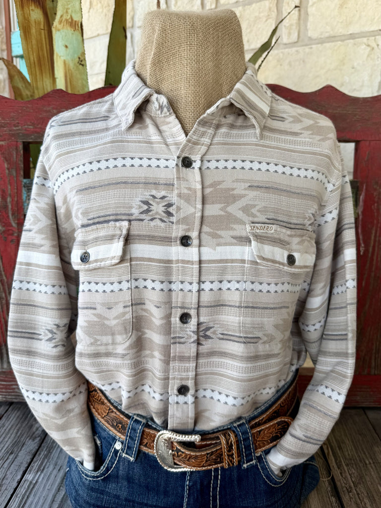 Men's tan and white Aztec-inspired long-sleeve Western shirt — Blair's Western Wear Marble Falls TX