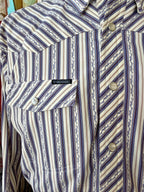 Close-up of natural and blue vine-striped shirt showing diagonal-striped yoke, placket and pocket flap with pearl-style snaps — Blair's Western Wear Marble Falls TX