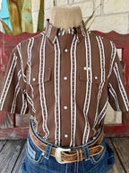 Men's Ferrell Brand chocolate brown and white logo monogram stripe pearl snap short sleeve western shirt with dual chest pockets and western yoke — Blair's Western Wear Marble Falls TX
