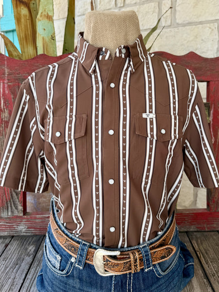 Men's Ferrell Brand chocolate brown and white logo monogram stripe pearl snap short sleeve western shirt with dual chest pockets and western yoke — Blair's Western Wear Marble Falls TX