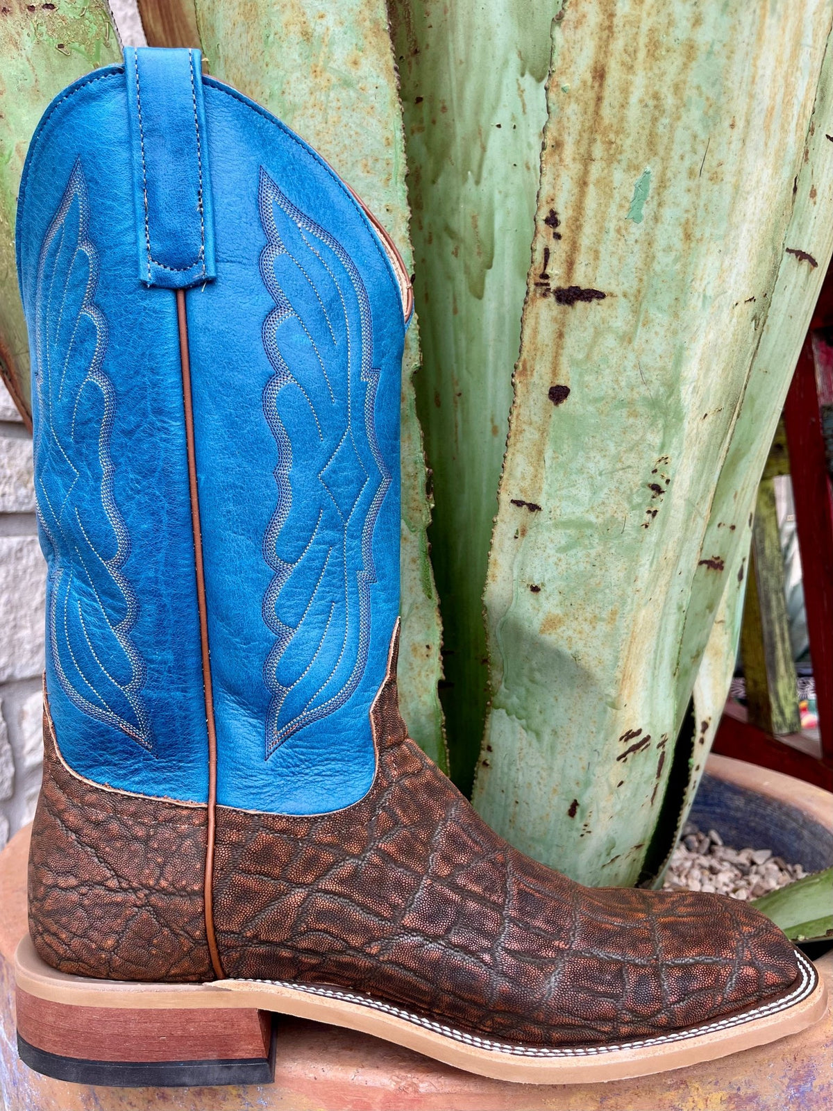 Men's Anderson Bean Roper Square Toe Elephant Boot in blue and brown, featuring durable bark vintage elephant leather and comfortable 13" black glove leather top - 340341. Available at Blair's Western Wear, Marble Falls, TX.