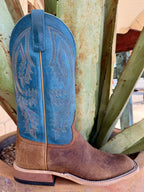 Men's brown bison Western boot with blue embroidered shaft, tan piping, square toe and low block heel — Blair's Western Wear Marble Falls TX