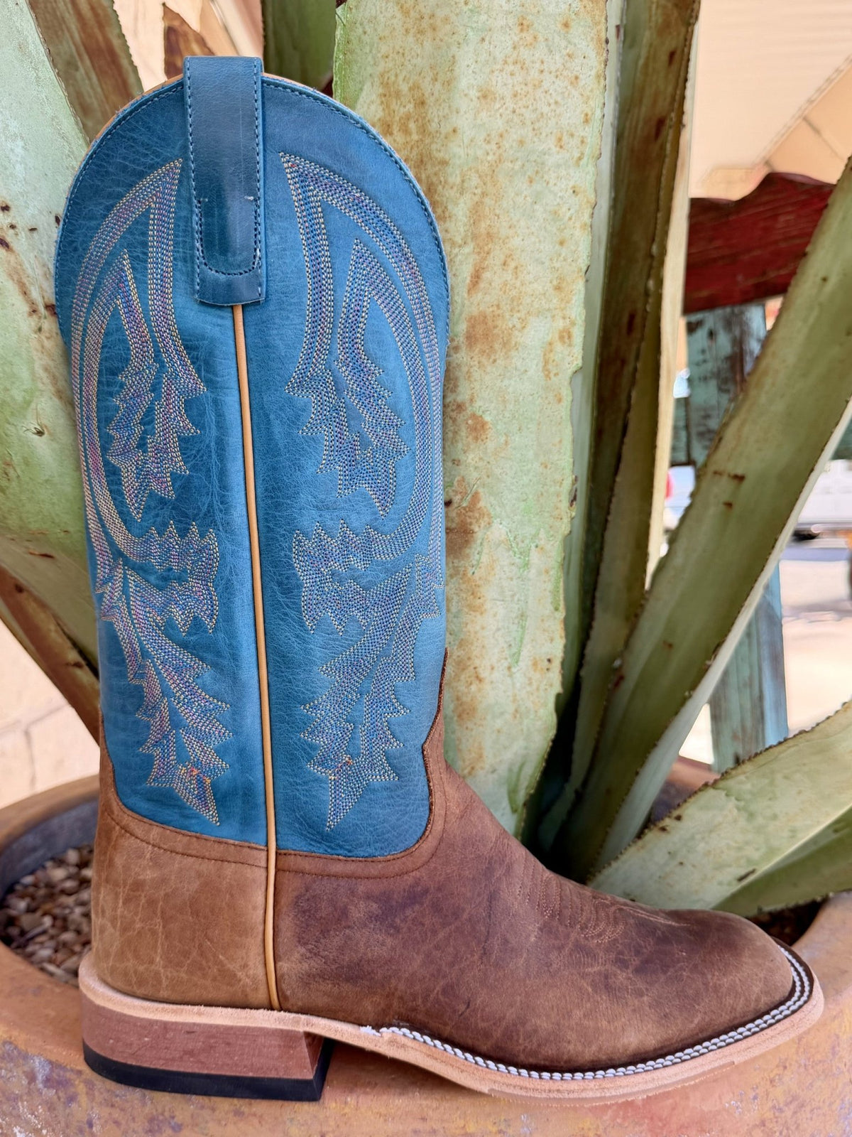 Men's brown bison Western boot with blue embroidered shaft, tan piping, square toe and low block heel — Blair's Western Wear Marble Falls TX