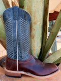 Men's chocolate bison Western boot with blue shaft, white diamond stitching, square toe and block heel — Blair's Western Wear Marble Falls TX