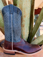 Men's chocolate bison Western boot with blue shaft, white diamond stitching, square toe and block heel — Blair's Western Wear Marble Falls TX