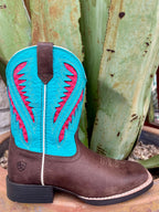 Youth Ariat Western Boot in turquoise and brown, featuring VentTEK™ cooling and 4LR™ support technology - 10061194. Available at Blair's Western Wear, Marble Falls, TX.