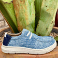 Youth Ariat casual sneakers in washed denim, featuring a durable washed denim upper and a unique Southwestern pattern, equipped with FLX Foam™ sole for comfort - 10061125. Available at Blair's Western Wear, Marble Falls, TX.