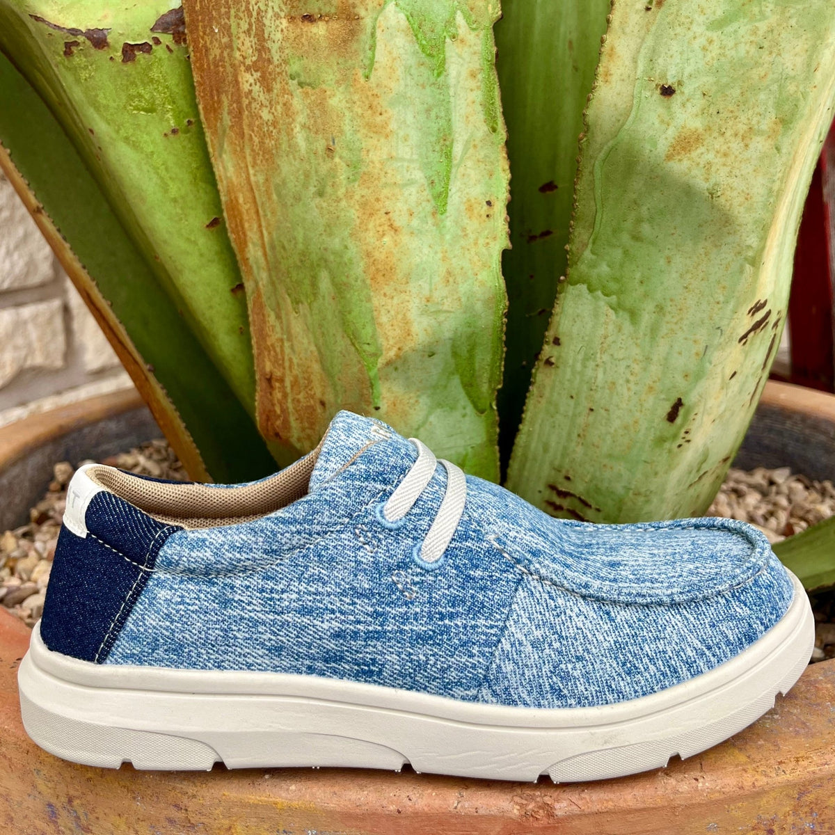 Youth Ariat casual sneakers in washed denim, featuring a durable washed denim upper and a unique Southwestern pattern, equipped with FLX Foam™ sole for comfort - 10061125. Available at Blair's Western Wear, Marble Falls, TX.