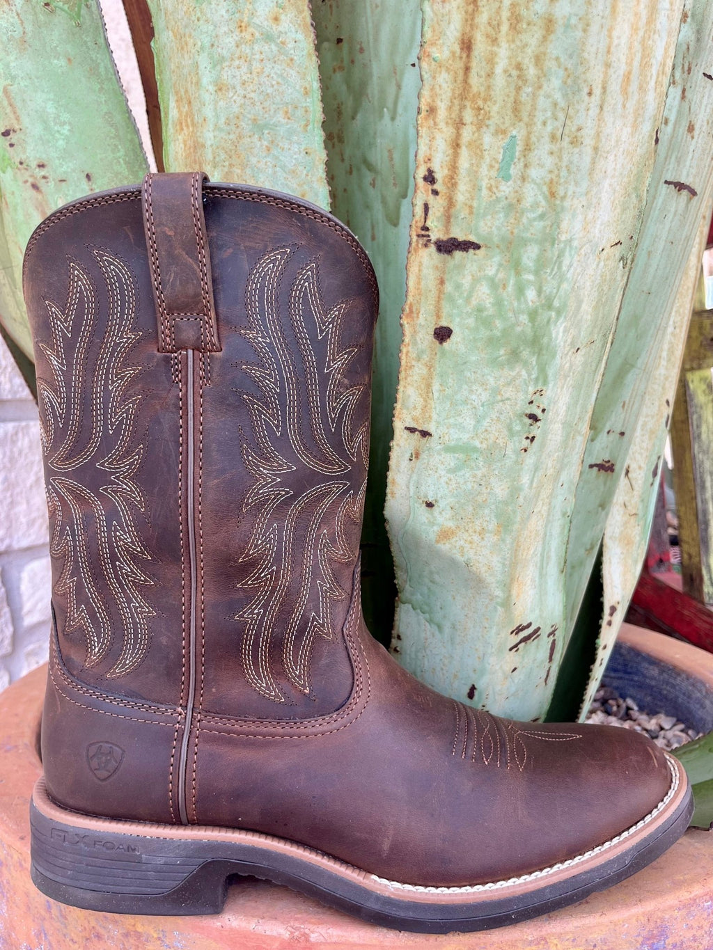 Men’s Ariat Work Boot Ridgeback Round Toe in Distressed Tan, built from full-grain leather for durability, with a shock-absorbing FLX Foam outsole for comfort – 10053576. Available at Blair's Western Wear, Marble Falls, TX.