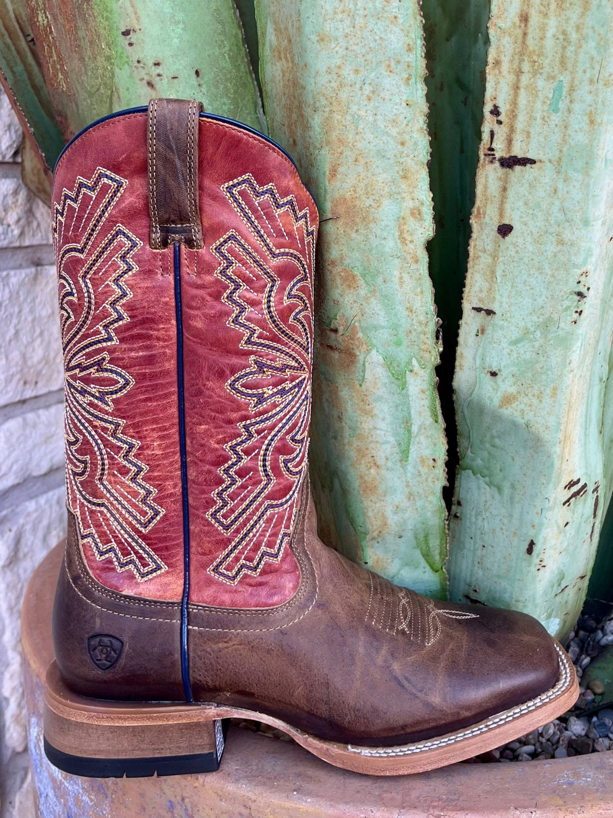 Men's Ariat Square Toe Boots in red and brown, featuring ATS support and TekStep cushioning - 10061174. Available at Blair's Western Wear, Marble Falls, TX.