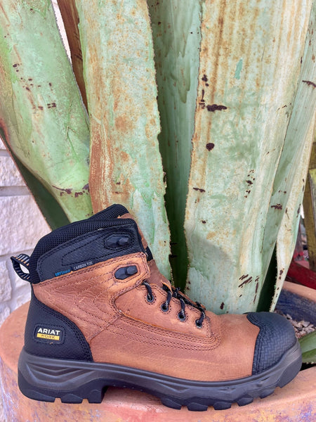 Men's Ariat Work Boot Composite Toe Waterproof Hiker in Brown, features DRYShield™ waterproof protection, with a carbon safety toe and reinforced rubber toe guard - 10054291. Available at Blair's Western Wear, Marble Falls, TX.