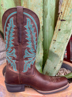 Women’s Ariat Western Boots leather footwear in Sassy Brown with turquoise stitching, featuring a narrow cutter toe and Shock Shield® comfort outsole - 10061144. Available at Blair's Western Wear, Marble Falls, TX