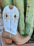 Women's Ariat Starlight Boots in Flaxen and Basic White, showcasing star cutouts and veg-tan leather sole - 10061316. Available at Blair's Western Wear, Marble Falls, TX.