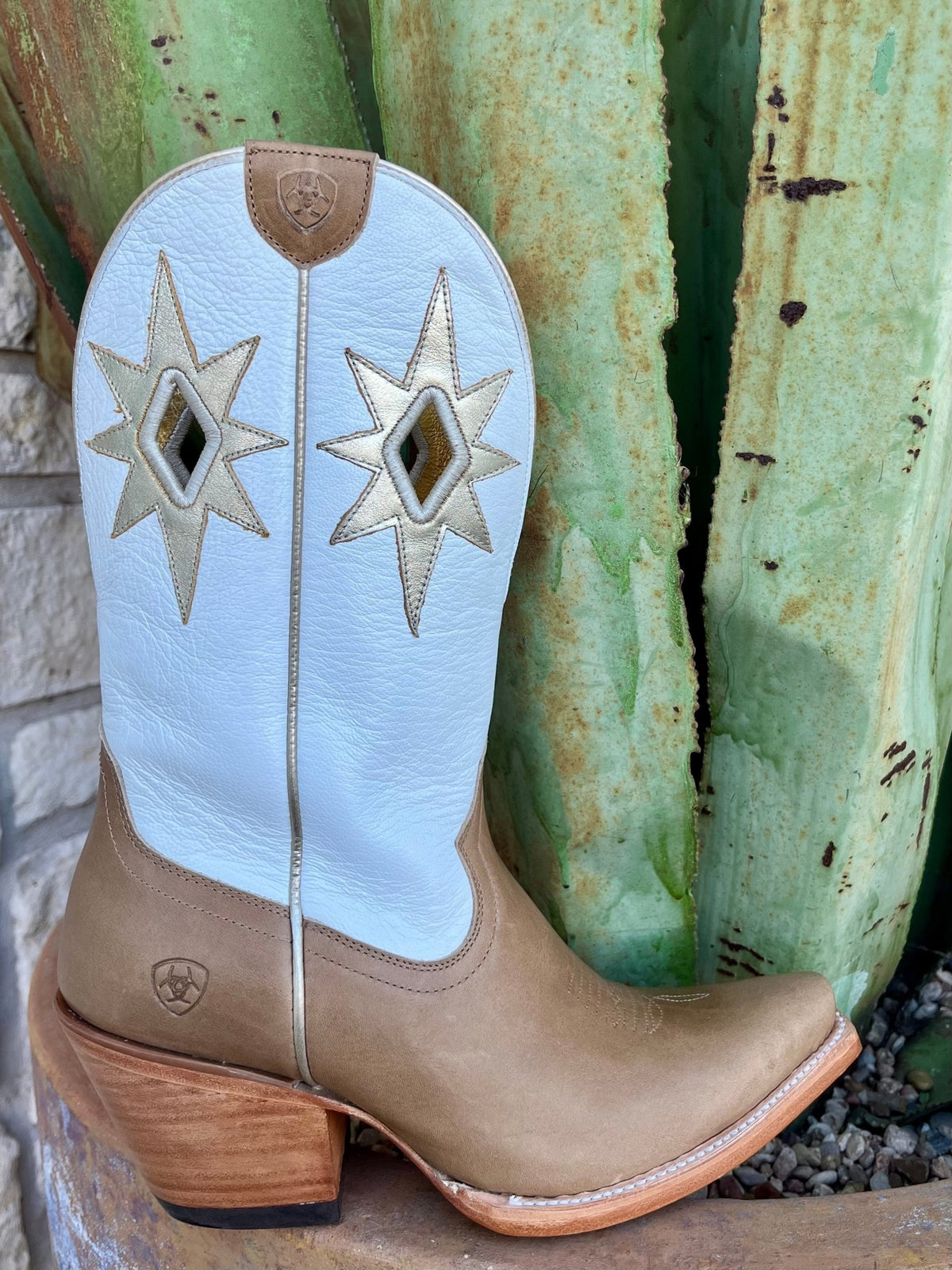 Women's Ariat Starlight Boots in Flaxen and Basic White, showcasing star cutouts and veg-tan leather sole - 10061316. Available at Blair's Western Wear, Marble Falls, TX.