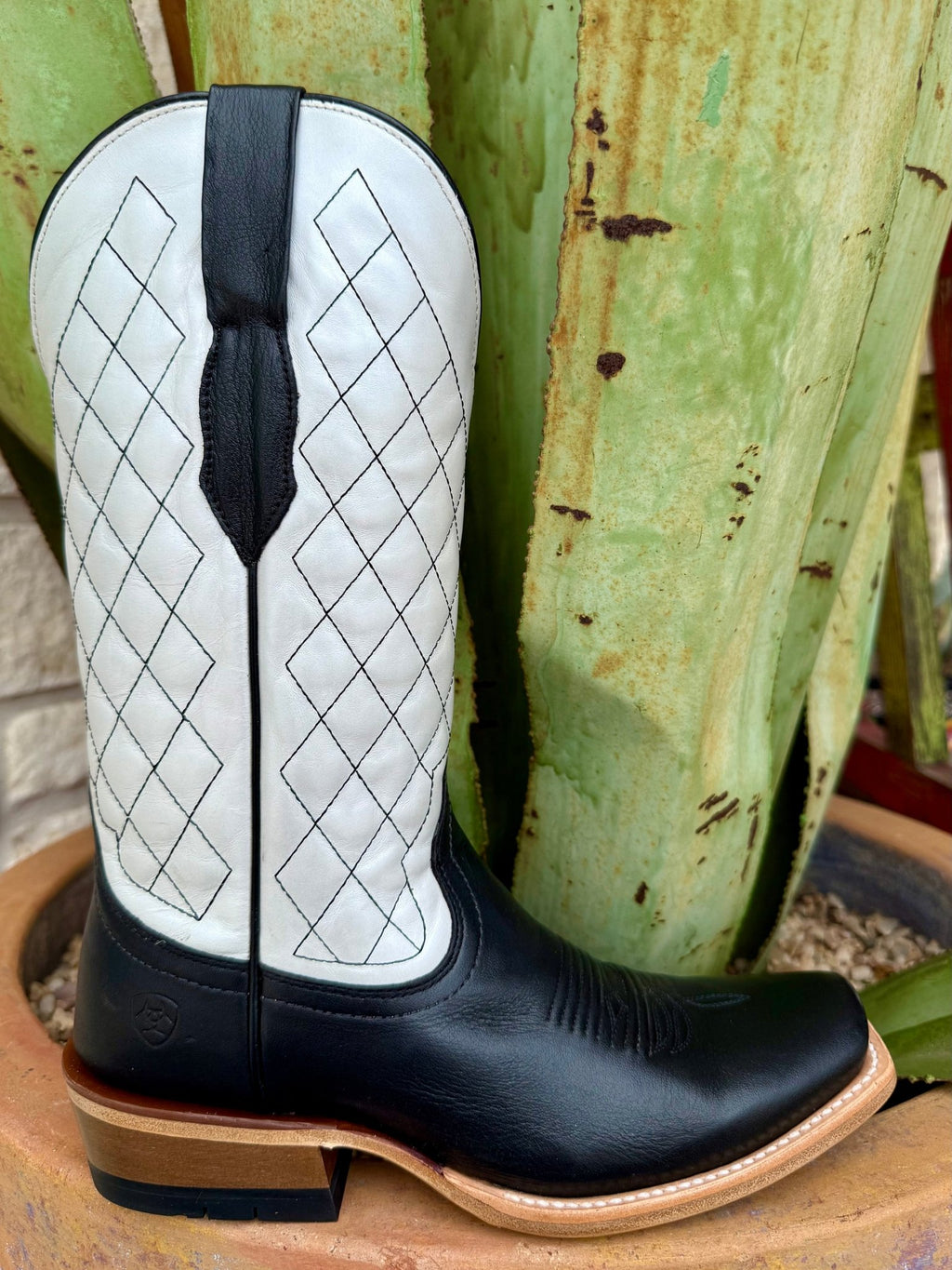 Women’s Ariat Western Boot Futurity Denton in Black and White, built with ATS® stability and TekStep™ cushioning, with resoleable Goodyear welt and water-resistant sole – 10063895. Available at Blair's Western Wear, Marble Falls, TX.