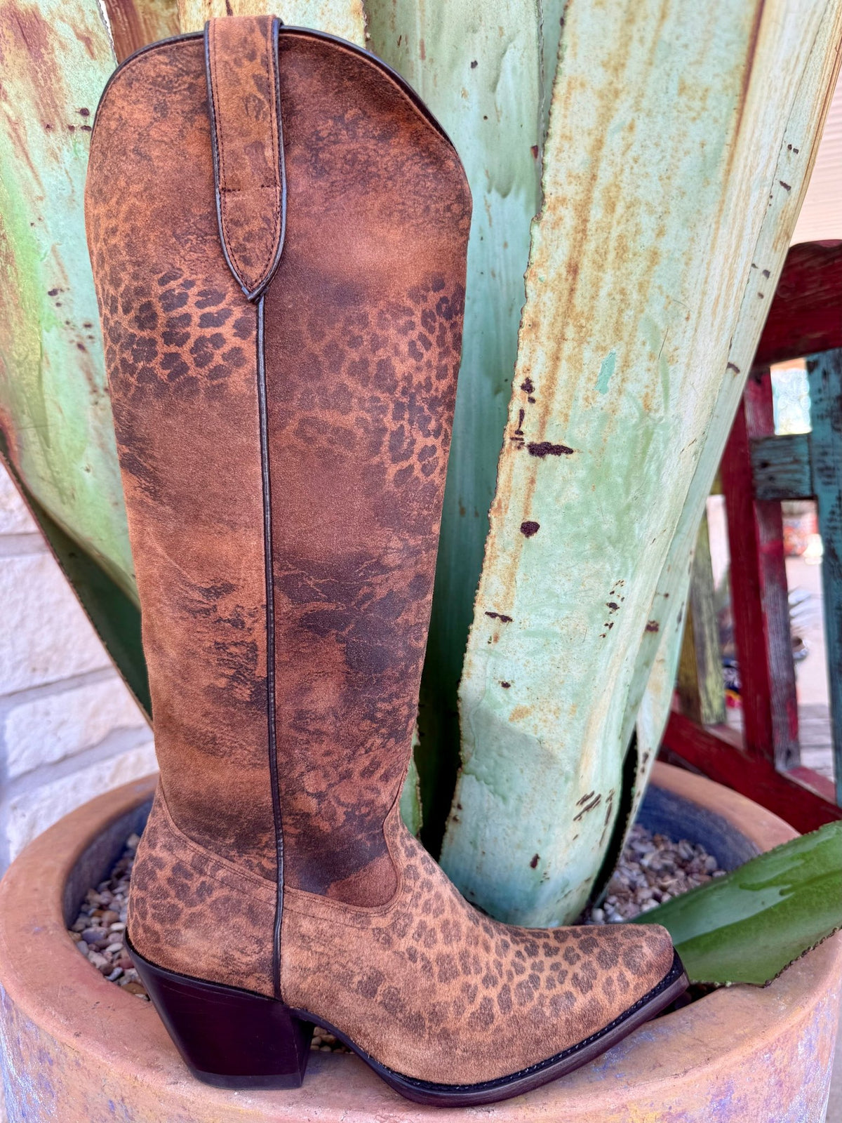 Women’s Ariat western boot Casanova X-toe in distressed leopard leather, made with full-grain construction for durability, with an inside zipper for easy on/off – 10063993. Available at Blair’s Western Wear, Marble Falls, TX.