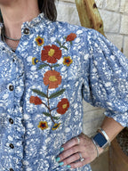 Women's Blue Floral Block Print Embroidered Tiered Shirt Dress