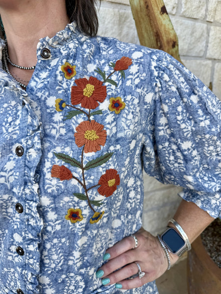 Women's Blue Floral Block Print Embroidered Tiered Shirt Dress