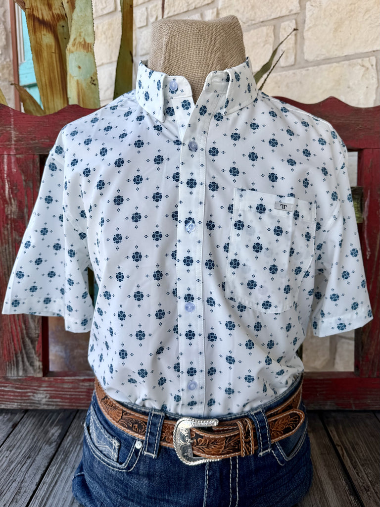 Men's white and teal geometric print short sleeve western shirt — Blair's Western Wear Marble Falls TX