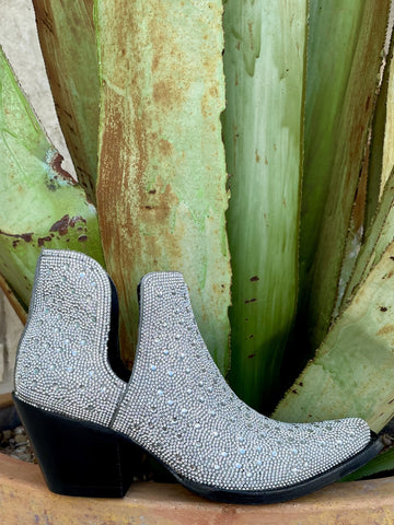 Women's short western bootie fully covered in silver crystal rhinestones, snip toe, stacked black block heel, and cut-out side detail — Blair's Western Wear Marble Falls TX