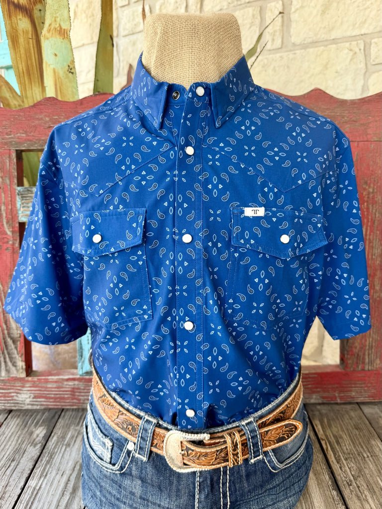 Men's blue and white paisley print short sleeve western snap shirt with point collar, snap-front placket, and chest pocket — Blair's Western Wear Marble Falls TX