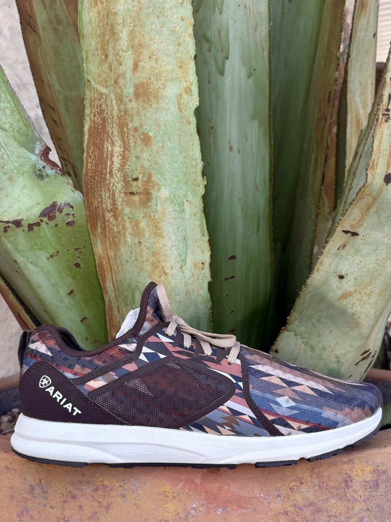Women’s brown, tan, blue, and peach Aztec-inspired tennis shoe with breathable mesh, removable insole, EVA cushioning, and rubber outsole — Blair’s Western Wear Marble Falls TX⠋

