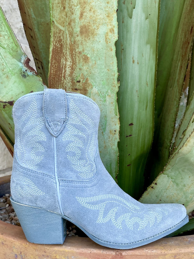Women's sky blue suede short western bootie with tonal white five-row western stitching, X toe, stacked block heel, and pull tab at shaft — Blair's Western Wear Marble Falls TX