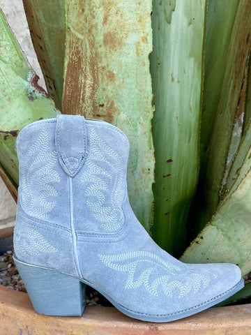 Women's sky blue suede short western bootie with tonal white five-row western stitching, X toe, stacked block heel, and pull tab at shaft — Blair's Western Wear Marble Falls TX