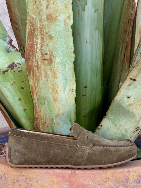 Women’s olive full-grain suede moccasin with leather lining, removable cushioned insole, and flexible rubber sole — Blair’s Western Wear Marble Falls TX⠋