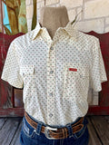 Men's natural and red Texas Amigos print snap-front short sleeve Western shirt — Blair's Western Wear Marble Falls TX