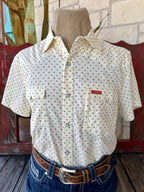 Men's natural and red Texas Amigos print snap-front short sleeve Western shirt — Blair's Western Wear Marble Falls TX