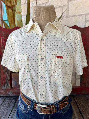 Men's natural and red Texas Amigos print snap-front short sleeve Western shirt — Blair's Western Wear Marble Falls TX