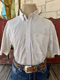 Men's Panhandle Slim natural blue red geometric stripe short sleeve button-down shirt with logo badge chest pocket — Blair's Western Wear Marble Falls TX