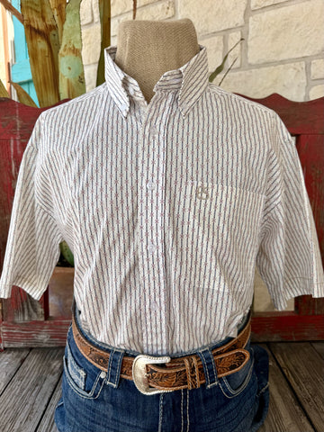Men's Panhandle Slim natural blue red geometric stripe short sleeve button-down shirt with logo badge chest pocket — Blair's Western Wear Marble Falls TX