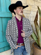 Men's black and white Aztec-inspired sport coat with repeating stepped diamond motifs, notch lapels, welt chest pocket, lower flap pockets, and long sleeves — Blair's Western Wear Marble Falls TX