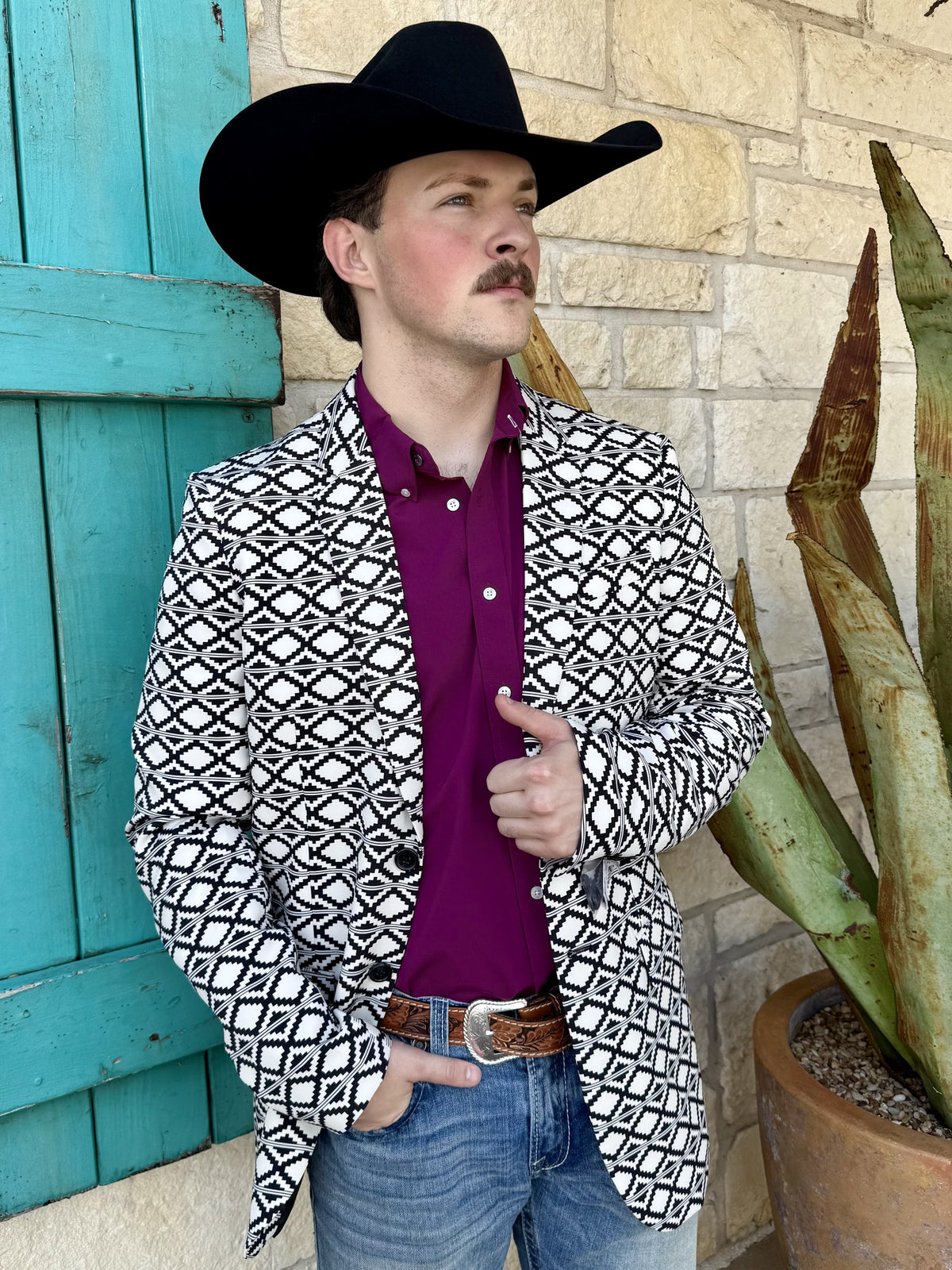 Men's black and white Aztec-inspired sport coat with repeating stepped diamond motifs, notch lapels, welt chest pocket, lower flap pockets, and long sleeves — Blair's Western Wear Marble Falls TX