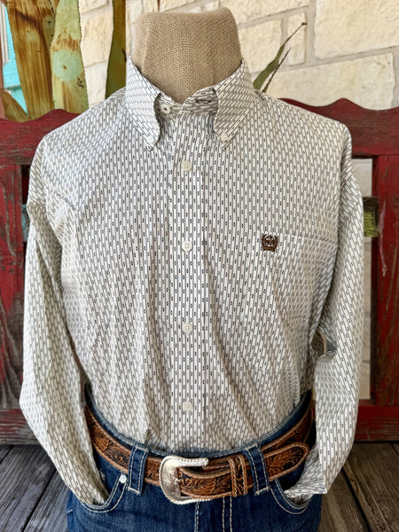Men's natural, brown, and navy print long-sleeve Western shirt — Blair's Western Wear Marble Falls TX