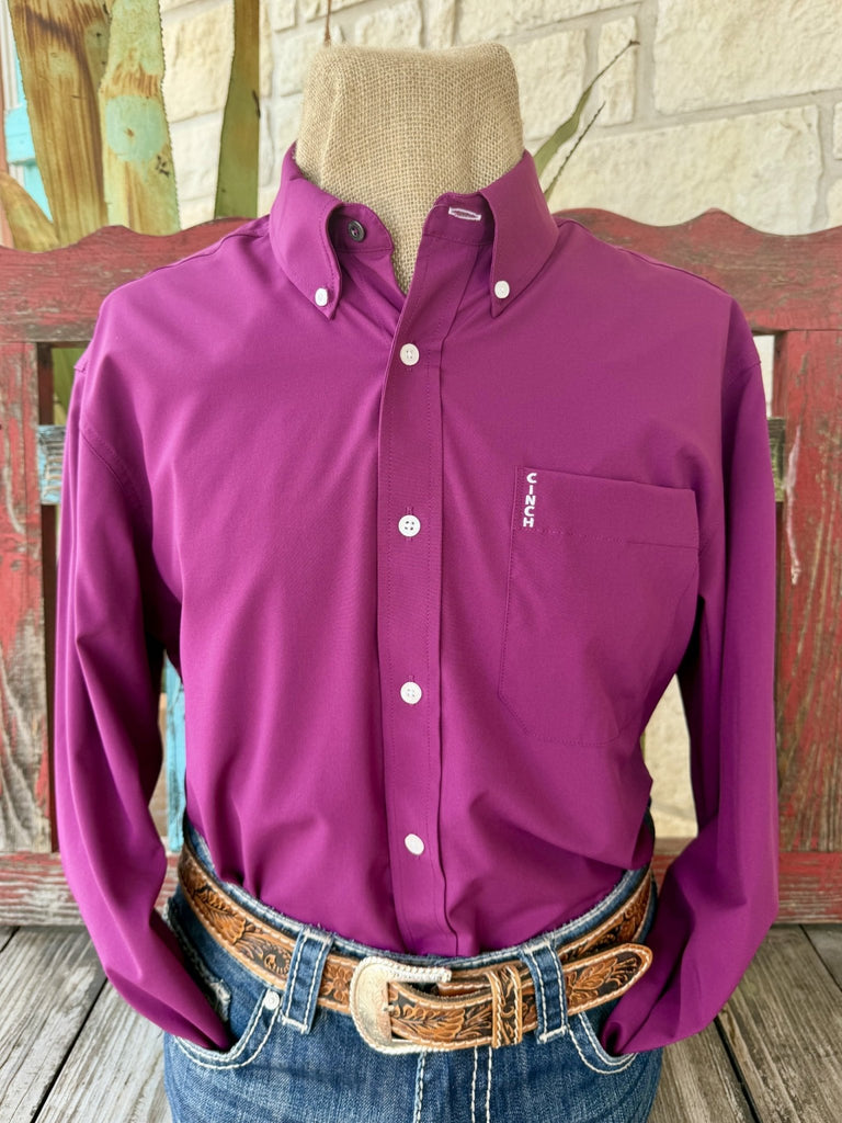 Men's purple solid long sleeve snap shirt with chest pocket, front view — Blair's Western Wear Marble Falls TX