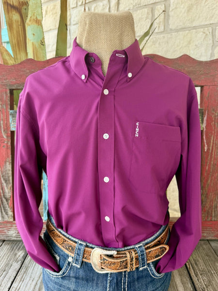 Men's purple solid long sleeve snap shirt with chest pocket, front view — Blair's Western Wear Marble Falls TX