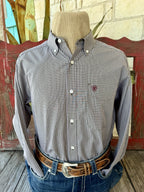Men's olive and wine fine-check long-sleeve shirt with light grid lines, button-down collar, light buttons and embroidered chest pocket — Blair's Western Wear Marble Falls TX
