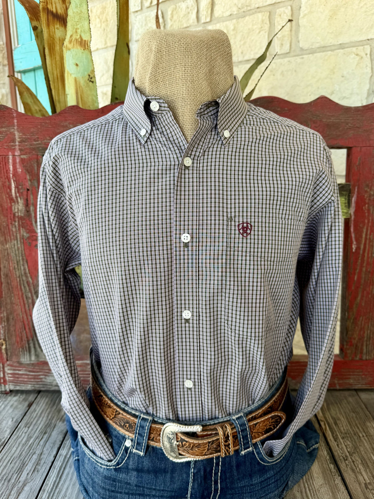 Men's olive and wine fine-check long-sleeve shirt with light grid lines, button-down collar, light buttons and embroidered chest pocket — Blair's Western Wear Marble Falls TX