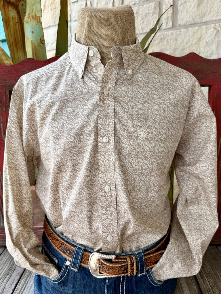 Men's Ariat tan and natural long sleeve print button-up shirt — Blair's Western Wear Marble Falls TX