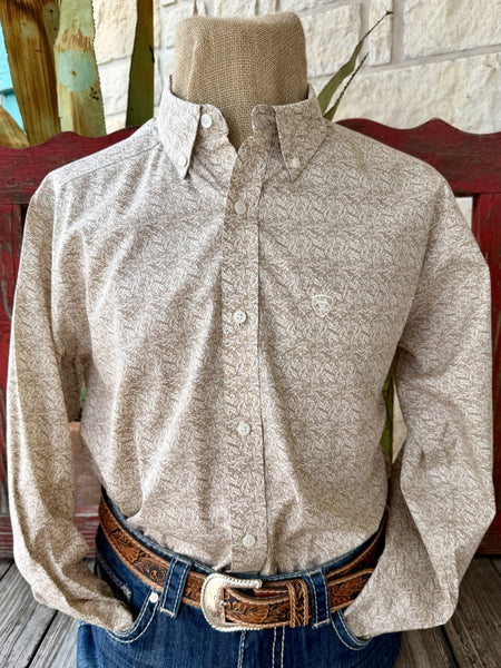 Men's Ariat tan and natural long sleeve print button-up shirt — Blair's Western Wear Marble Falls TX